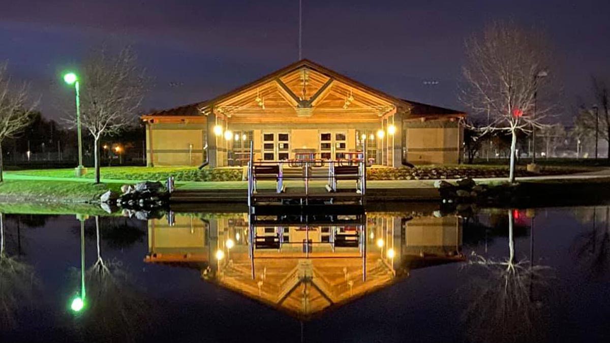 score pavilion pond at night